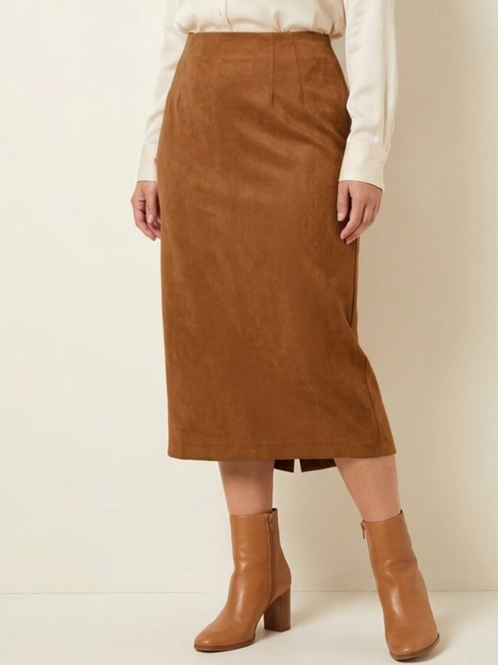 Vintage Brown Tan Faux Suede Moleskin Pencil Column Midi Maxi Skirt 14P CBK
